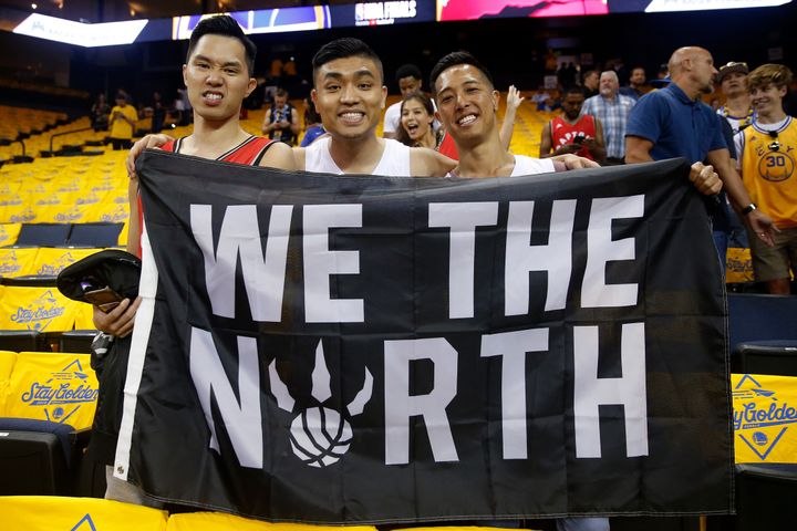 Fans of the Toronto Raptors are seen here in Oracle Arena for Game 3 of the NBA Finals on June 5, 2019. 