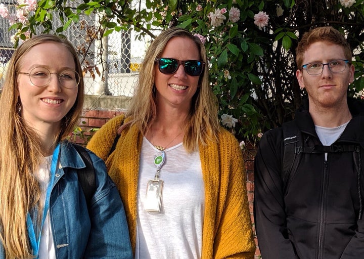 Kathryn Dellinger (middle) at a gathering to push for stronger climate action from Amazon management.