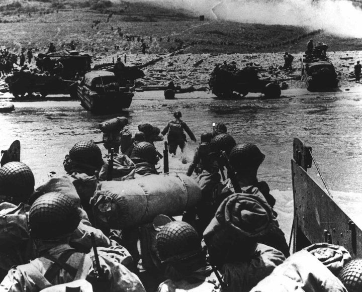 American soldiers land on the French coast in Normandy during the D-Day invasion on June 6, 1944. 