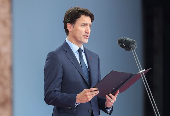 Prime Minister Justin Trudeau speaks during commemorations for the 75th Anniversary of the D-Day landings, in Portsmouth, England on June 5, 2019.