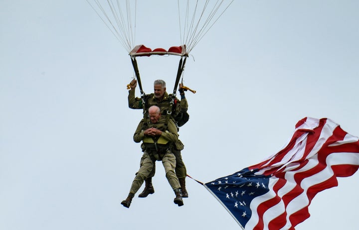 D-Day veteran Tom Rice parachutes on the 75th anniversary of the event.