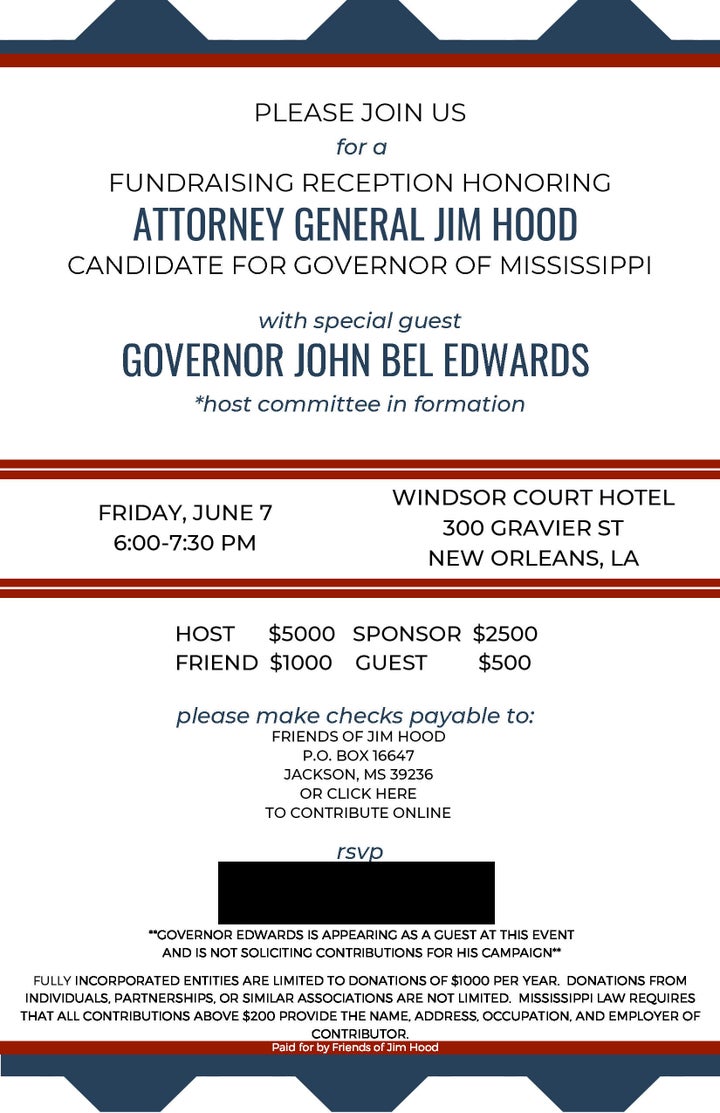 An invitation to a fundraiser hosted by Louisiana Gov. John Bel Edwards for Mississippi Attorney General Jim Hood. 