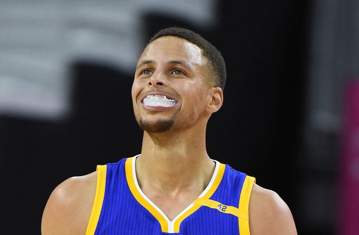 Steph Curry is pictured chewing on the mouthguard in 2016. He has had the habit for years.