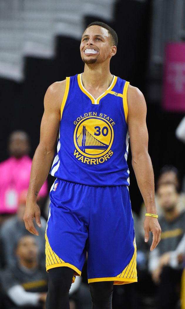 Curry pictured here chewing on the mouthguard in 2016. He has had the habit for years. 