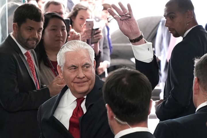 Rex Tillerson says goodbye to his staff after he was fired as secretary of state last year by President Donald Trump.