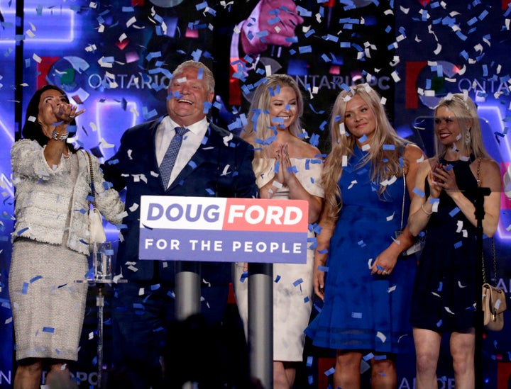 Ontario PC leader Doug Ford reacts after winning the Ontario provincial election June 7, 2018. From left: wife Karla, Doug, and daughters Kayla, Kara and Kyla.