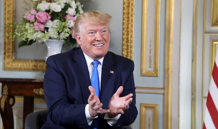 U.S. President Donald Trump is seen here at a meeting with French President Emmanuel Macron, who is not pictured, at the Prefecture of Caen in France on June 6, 2019.