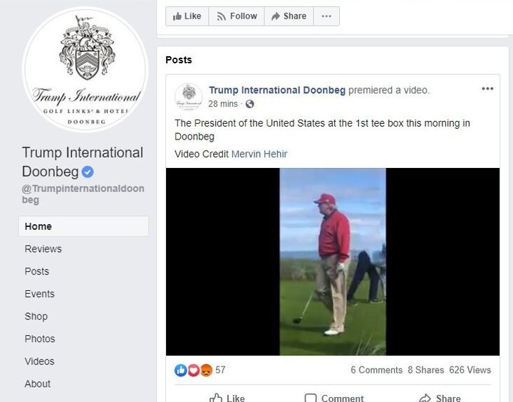 President Donald Trump's golf resort in Ireland began posting videos on social media of Trump playing golf and arriving there aboard Marine One within minutes of his departure Friday.