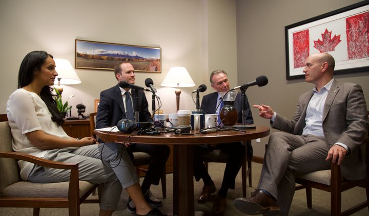 From left to right: "Follow-Up" host Althia Raj sits down with Liberal MP Nathaniel Erskine-Smith, Conservative MP Peter Kent, and NDP MP Nathan Cullen to talk about disinformation.