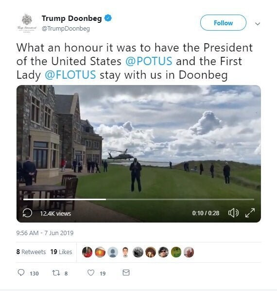 President Donald Trump's golf resort in Ireland began posting videos on social media of Trump playing golf and arriving there aboard Marine One within minutes of his departure Friday.