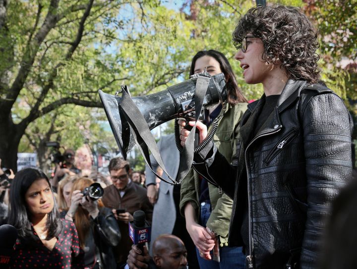 Claire Stapleton (left) and Meredith Whittaker (right) addressing Google employees at the walkout in November.