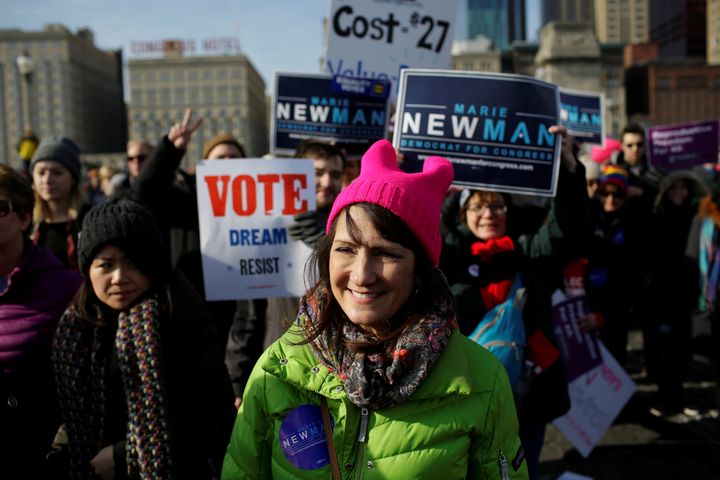 Marie Newman at the Women's March in Chicago in January 2018. She's running on a solidly progressive platform -- even Bernie Sanders endorsed her -- which puts her more in line with her party but possibly isn't what her district cares the most about.