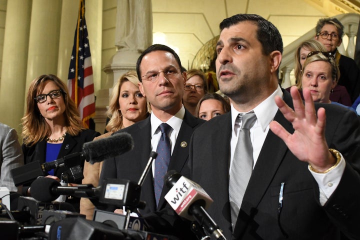 State Rep. Mark Rozzi (D) speaks at an Oct. 17, 2018, news conference in Harrisburg, Pennsylvania, after the stalling of legislation that was meant to respond to a grand jury report on child sexual abuse by Catholic priests.