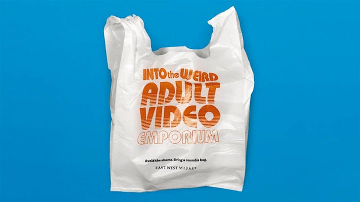 The plastic bags feature slogans meant to be embarrassing to customers. 