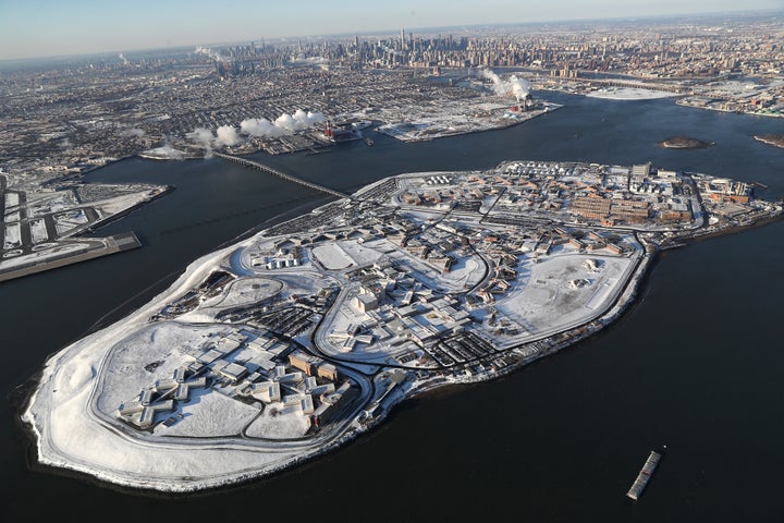 Rikers Island jail complex is dusted by snow in January 2018.