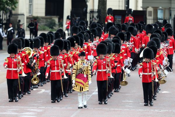 Members of the Welsh Guards, a regiment of Household Division, march to the ceremony.