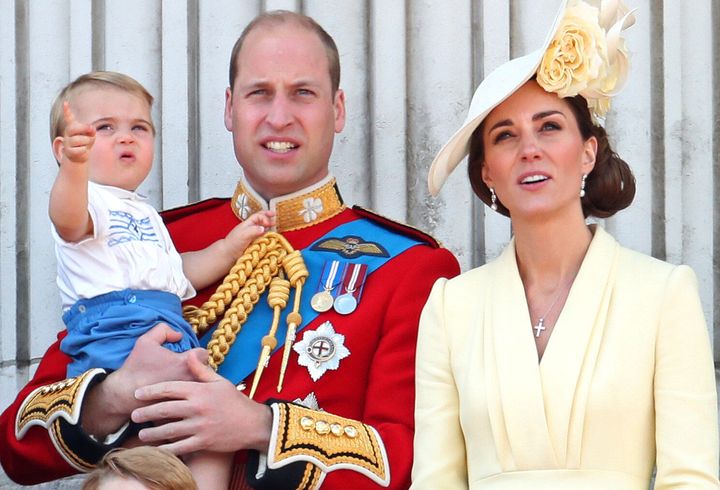Prince Louis, Prince George, Prince William, Duke of Cambridge, Princess Charlotte and Catherine, Duchess of Cambridge during Trooping The Colour on June 8, 2019 in London. 