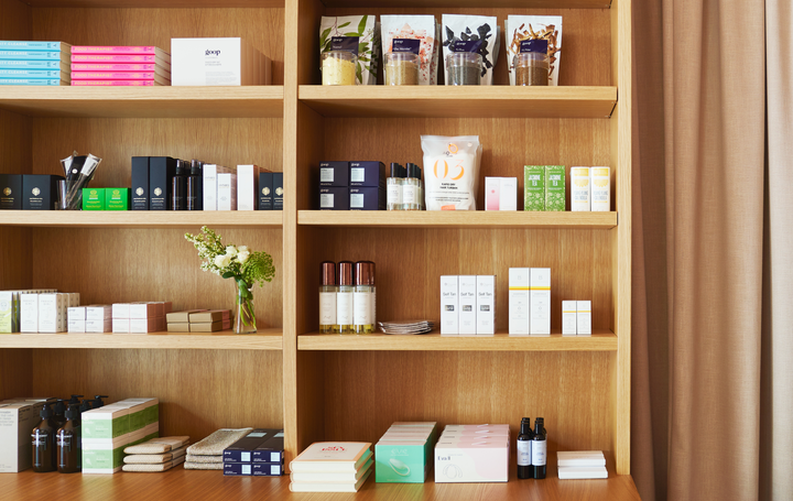 The beauty and skincare products available at the Goop store in Toronto. Several Beautycounter products can be seen on the second shelf up from the bottom, on the right.