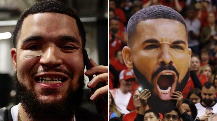 Fred VanVleet shows off his chipped tooth, left. Toronto Raptors fans hold up a Drake sign, right.