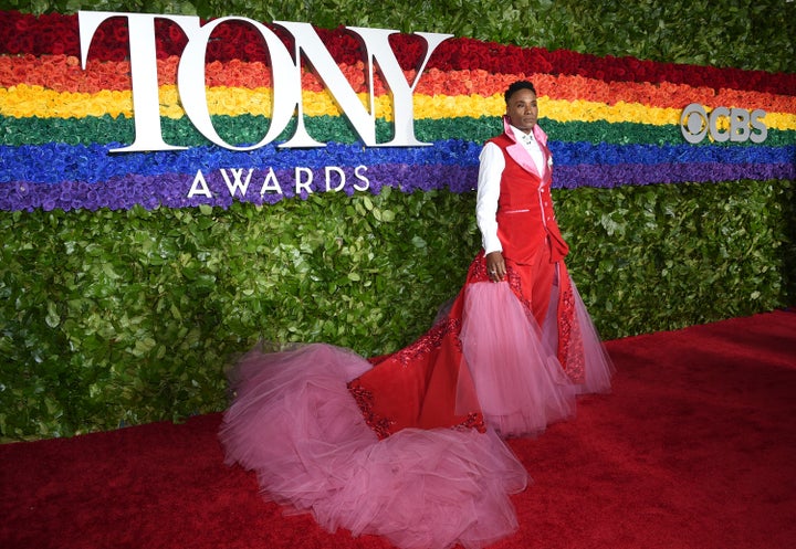 Billy Porter arrives at the 2019 Tony Awards in a Celestino Couture gown made from the stage curtain of the musical "Kinky Boots."