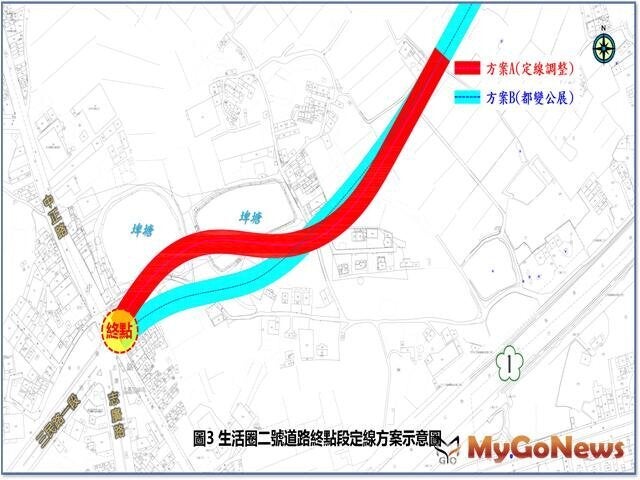 ▲圖3 生活圈二號道路終點段定線方案示意圖