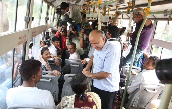 Manish Sisodia takes feedback from commuters on the free ride to women in DTC buses.