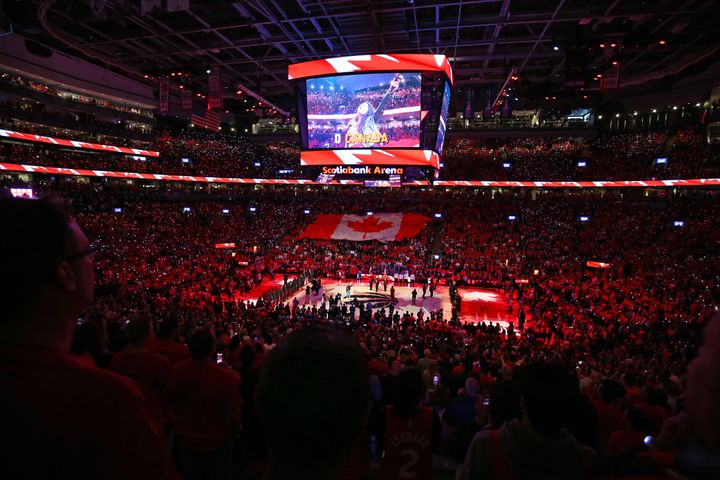 Fans sing "O Canada" during Game 2 of the NBA Finals at Scotiabank Arena in Toronto. 
