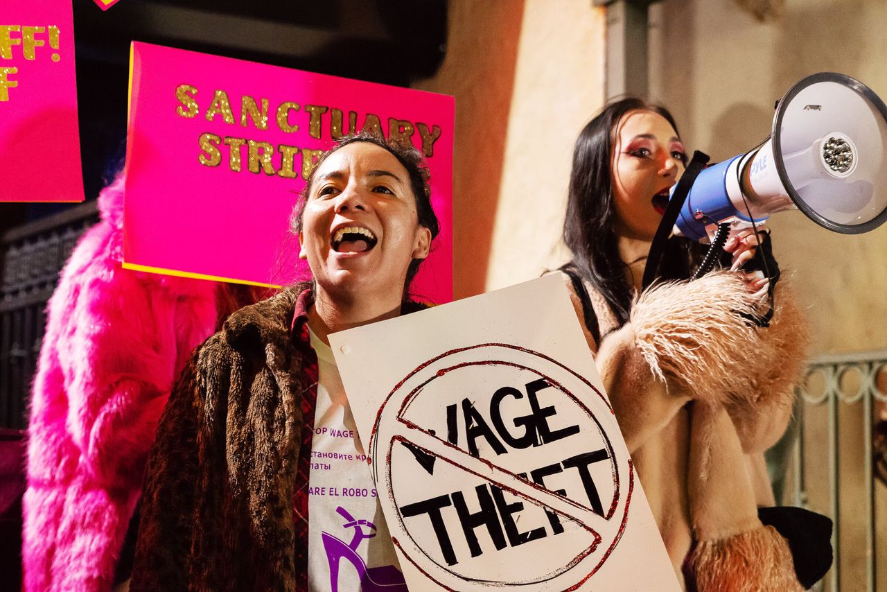 Exotic dancers protest in front of Crazy Girls strip club in Los Angeles on February 22, 2019.