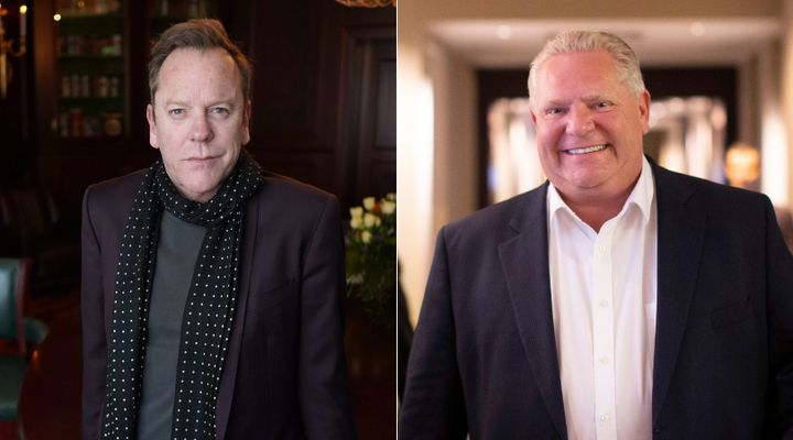 Actor Kiefer Sutherland (left) says comparisons between Ontario Premier Doug Ford (right) and his grandfather, Tommy Douglas, are "offensive."