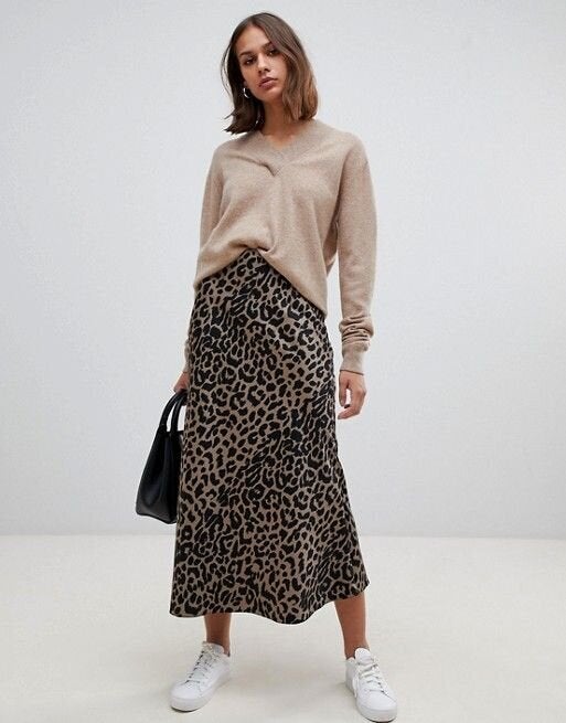 Satin flared shop leopard midi skirt