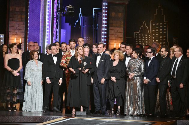 Producer Eva Price and most of the cast and crew of “Oklahoma!” accept the award for Best Revival of a Musical during the 2019 Tony Awards.