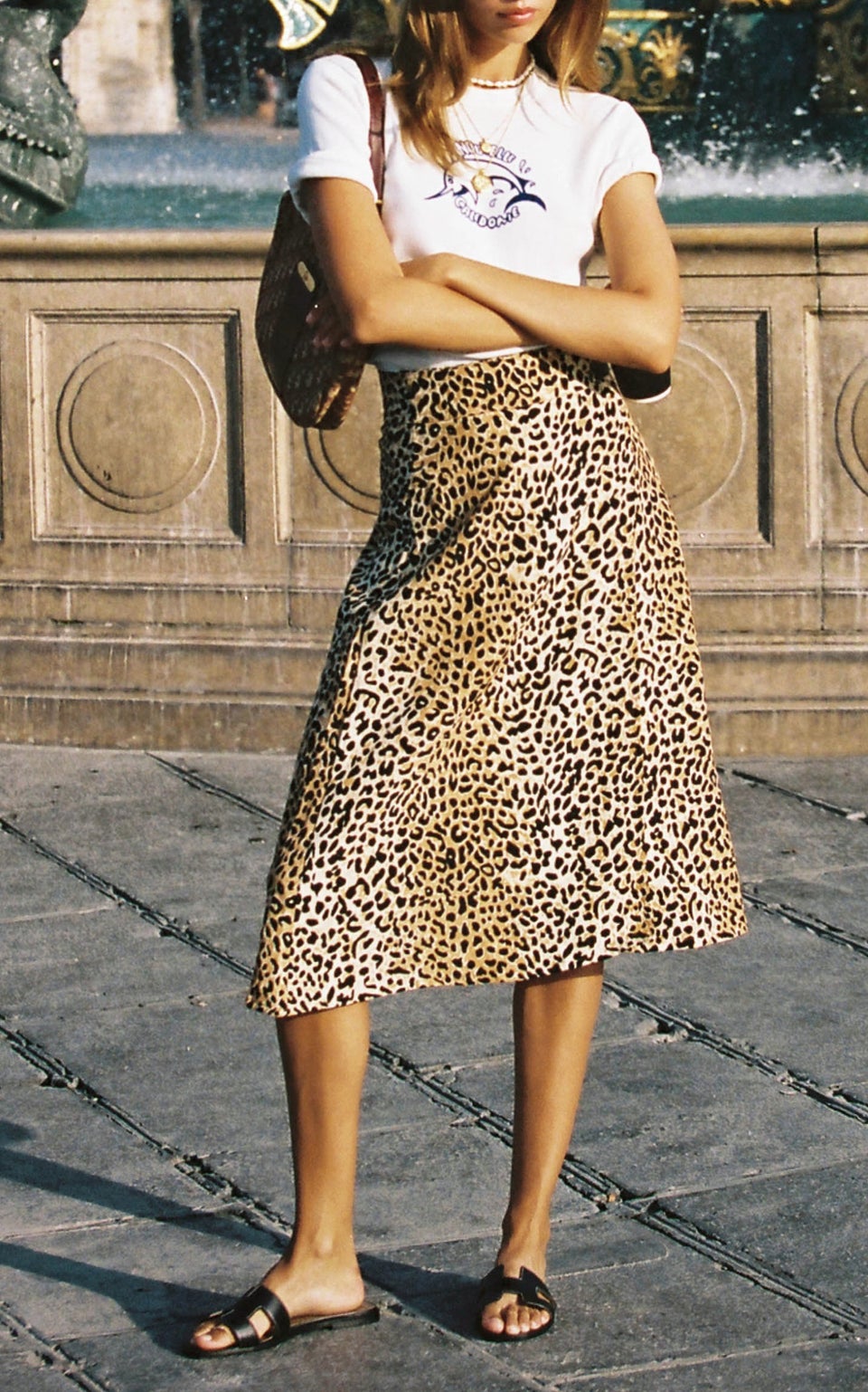 Satin flared shop leopard midi skirt