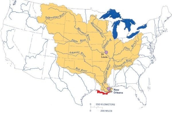 The Mississippi/Atchafalaya River Basin is the largest drainage basin in the country. Pollutants that run off into rivers and streams are blamed for feeding algae blooms in the Gulf of Mexico that starve the water of oxygen, creating "dead zones," pictured in red.