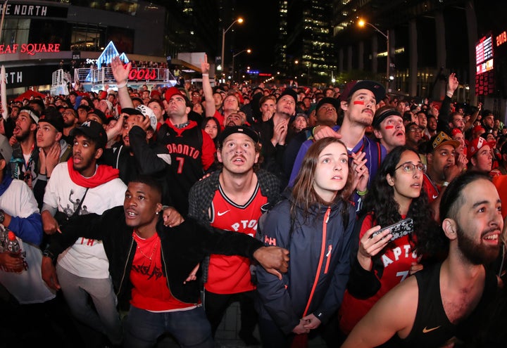 Fans watch the closing moments of the fourth quarter at Jurassic Park at Scotiabank Arena on June 10, 2019 in Toronto.