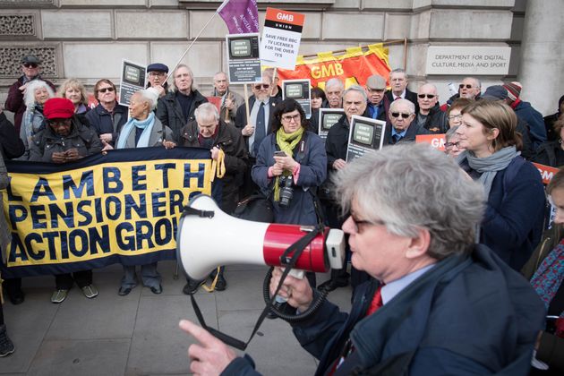 Members of the National Pensioners Convention (NPC) protesting in Westminster earlier this year at the government's decision to pass responsibility for funding the TV licence for over-75s onto the BB