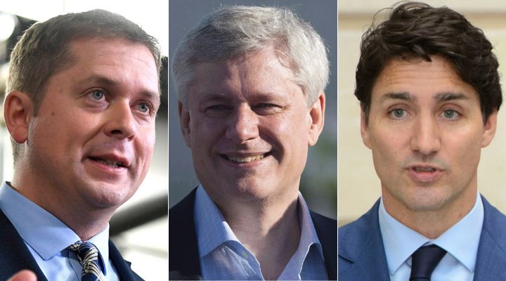 A composite image of Conservative Leader Andrew Scheer (left), former prime minister Stephen Harper (centre), and Prime Minister Justin Trudeau.