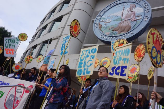 Protesters rally against the proposed gas plant outside the California Public Utilities Commission in...