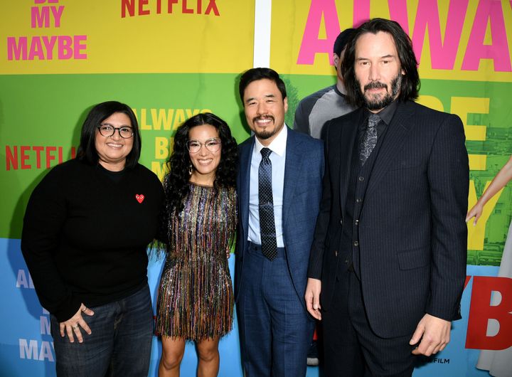 Director Nahnatchka Khan poses alongside writers and stars Ali Wong, Randall Park and co-star Keanu Reeves.