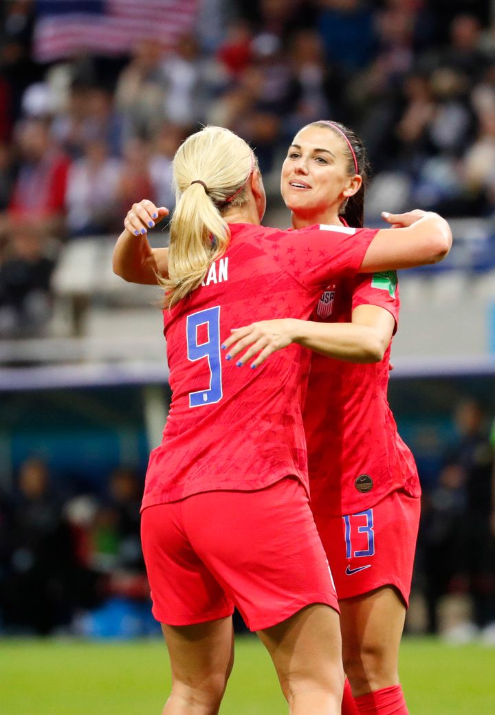 United States midfielder Lindsey Horan (9) and forward Alex Morgan (13) celebrate a goal against Thailand during the second half in group stage play during the FIFA Women's World Cup France 2019 at Stade Auguste-Delaune.