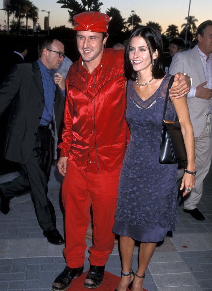 Actor David Arquette and actress Courteney Cox attend the 'Snake Eyes' Hollywood Premiere on July 30, 1998, at Paramount Studios in Hollywood, California. (Photo by Ron Galella, Ltd./Ron Galella Collection via Getty Images)