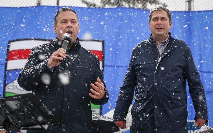 Alberta Premier Jason Kenney, left, and federal Conservative Party leader Andrew Scheer attend a campaign rally in Calgary, on April 11, 2019.