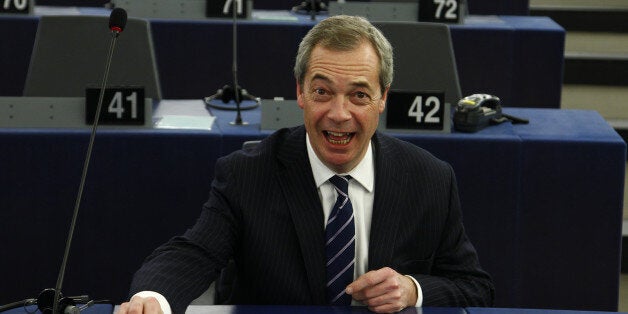 STRASBOURG, FRANCE - FEBRUARY 1: The leader of the British UKIP party Nigel Farage arrives in the plenary room in the European Parliament ahead of the debate on the ECB report for 2014 on February 1, 2016 in Strasbourg, France. During the last press conference in Frankfurt, Draghi indicated that the bank may review its course of action in March. (Photo by Michele Tantussi/Getty Images)