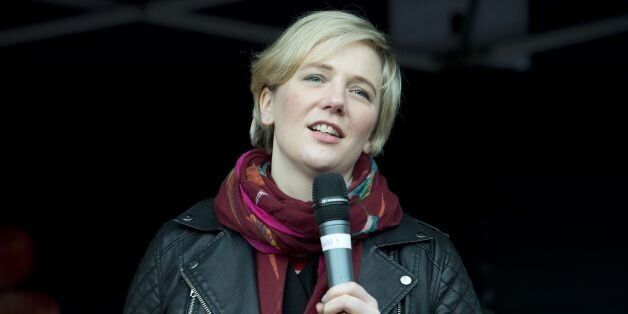 Stella Creasy MP talks during the One Billion Rising 2015 Protest to end sexual violence against women and children at Marble Arch, London.