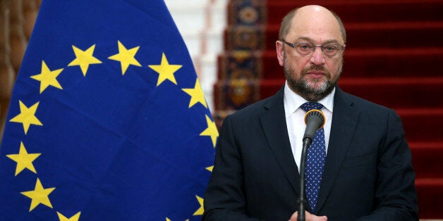 European Parliament President Martin Schulz speaks during a press conference with Iran's Parliament speaker Ali Larijani after their meeting in Tehran, Iran, Saturday, Nov. 7, 2015. (AP Photo/Ebrahim Noroozi)