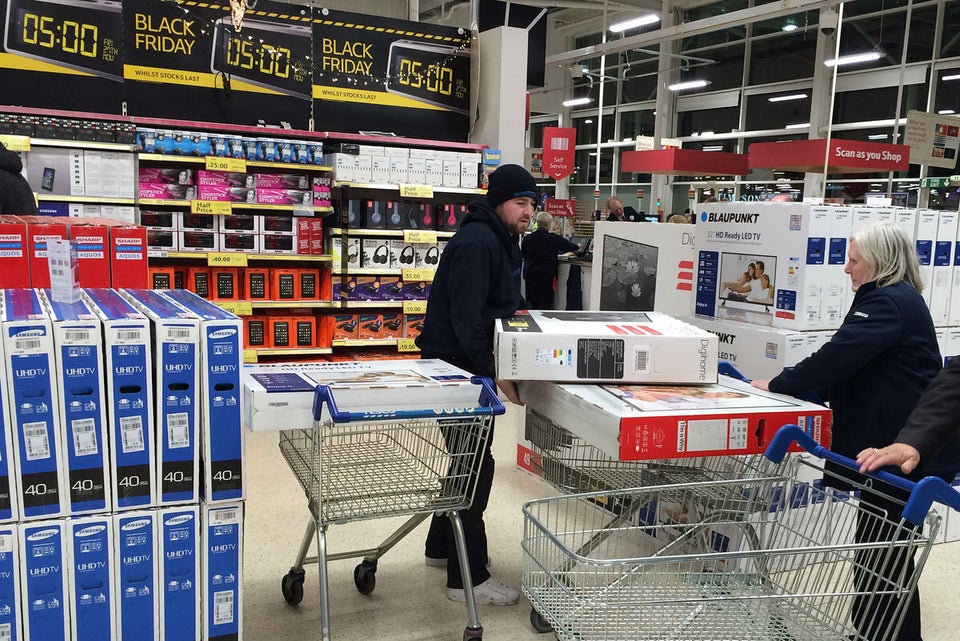 Bargain hunters queue outside from 4am at Tesco Extra Kingsway in Dundee for Black Friday to try and get great deal on TVs. Nov 27 2015