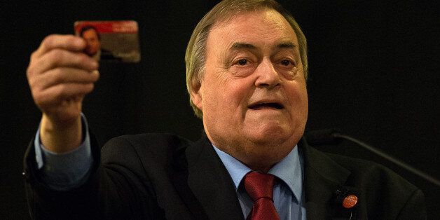 LONDON, ENGLAND - AUGUST 24: Labour peer John Prescott shows his Labour membership card as he speaks ahead of a campaign address by Andy Burnham at a Labour leadership campaign rally on August 24, 2015 in London, England. Candidates are continuing to campaign for Labour party leadership with polls continuing to place left-winger Jeremy Corbyn in the lead. Voting is due to begin on the 14th of August with the result being announced on the 12th of September. (Photo by Carl Court/Getty Images)