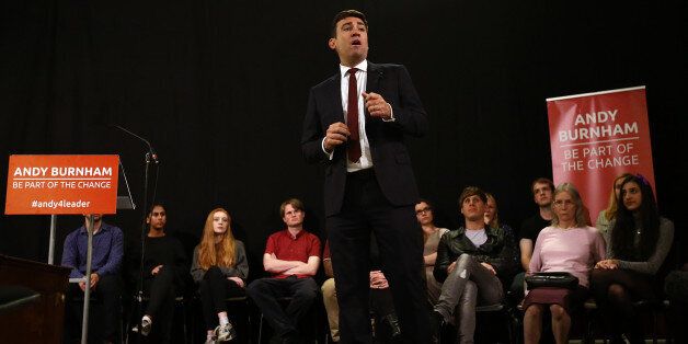 LONDON, ENGLAND - AUGUST 24: Andy Burnham speaks to supporters at a Labour leadership campaign rally on August 24, 2015 in London, England. Candidates are continuing to campaign for Labour party leadership with polls continuing to place left-winger Jeremy Corbyn in the lead. Voting is due to begin on the 14th of August with the result being announced on the 12th of September. (Photo by Carl Court/Getty Images)
