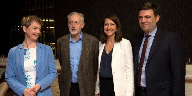 STEVENAGE, ENGLAND - AUGUST 25: Labour leadership candidates (L-R) Yvette Cooper, Jeremy Corbyn, Liz Kendall and Andy Burnham pose for a photograph ahead of a radio hustings on August 25, 2015 in Stevenage, England. Candidates are continuing to campaign for Labour party leadership with polls placing left-winger Jeremy Corbyn in the lead. Voting is due to begin on the 14th of August with the result being announced on the 12th of September. (Photo by Carl Court/Getty Images)
