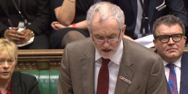 Jeremy Corbyn at Prime Minister's Questions today wearing his badge with pride