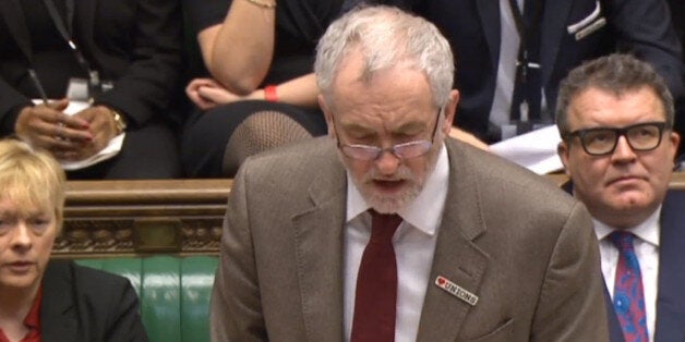 Jeremy Corbyn at Prime Minister's Questions today wearing his badge with pride